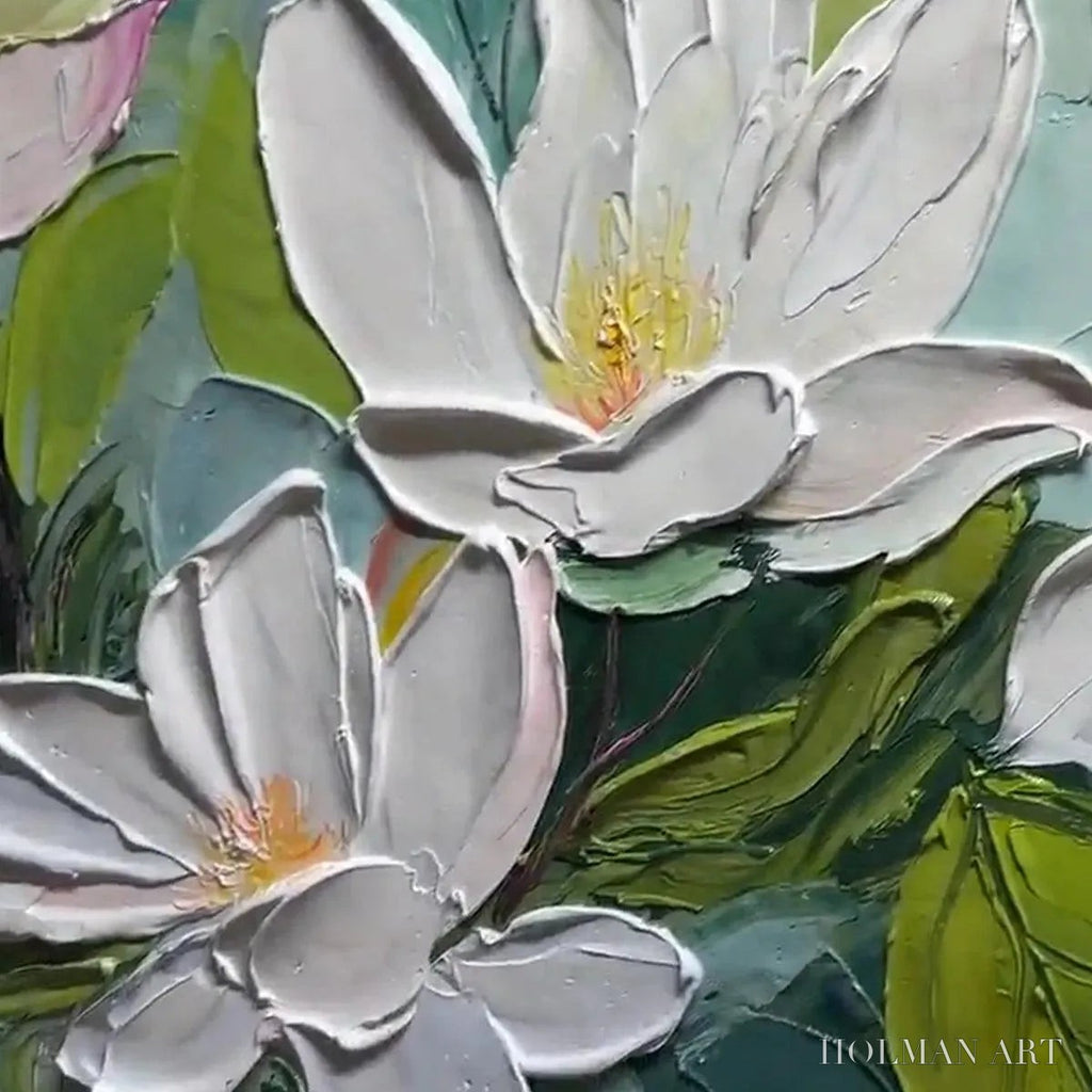 HOLMAN ART Magnolia Blossoms – Textured Floral Painting, Impasto , Horizontal Canvas, Magnolia Decor - image 3