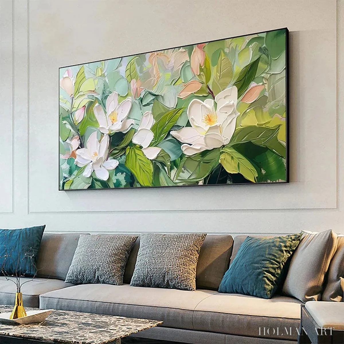 HOLMAN ART Magnolia Blossoms – Textured Floral Painting, Impasto , Horizontal Canvas, Magnolia Decor - image 4