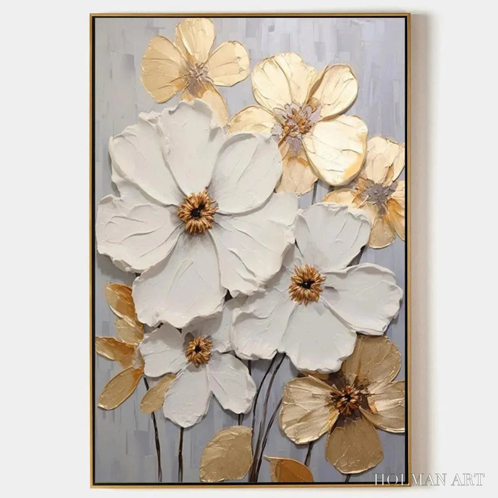 HOLMAN ART Golden Whispers – Textured Floral Painting, Gold and White , Vertical Canvas, Impasto Decor - image 1