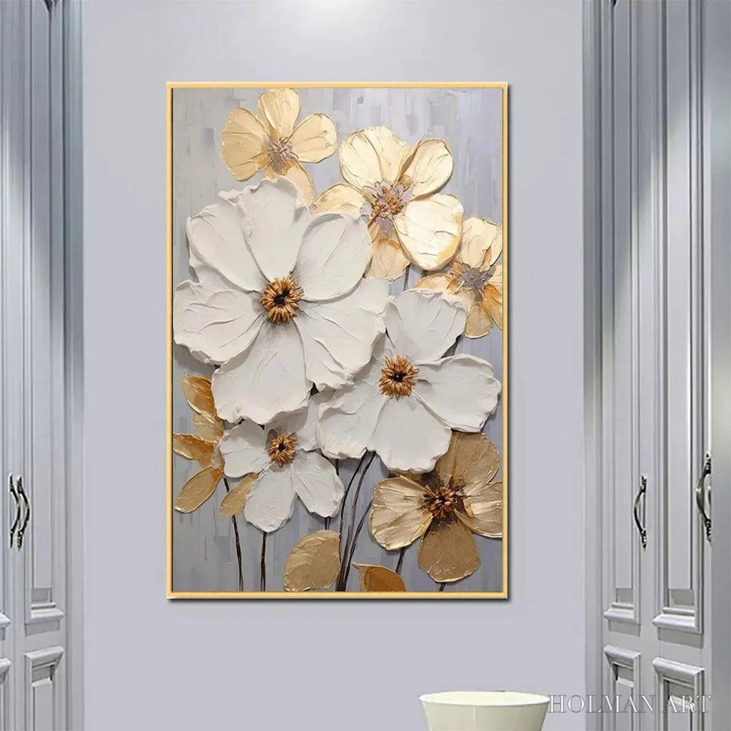 HOLMAN ART Golden Whispers – Textured Floral Painting, Gold and White , Vertical Canvas, Impasto Decor - image 2