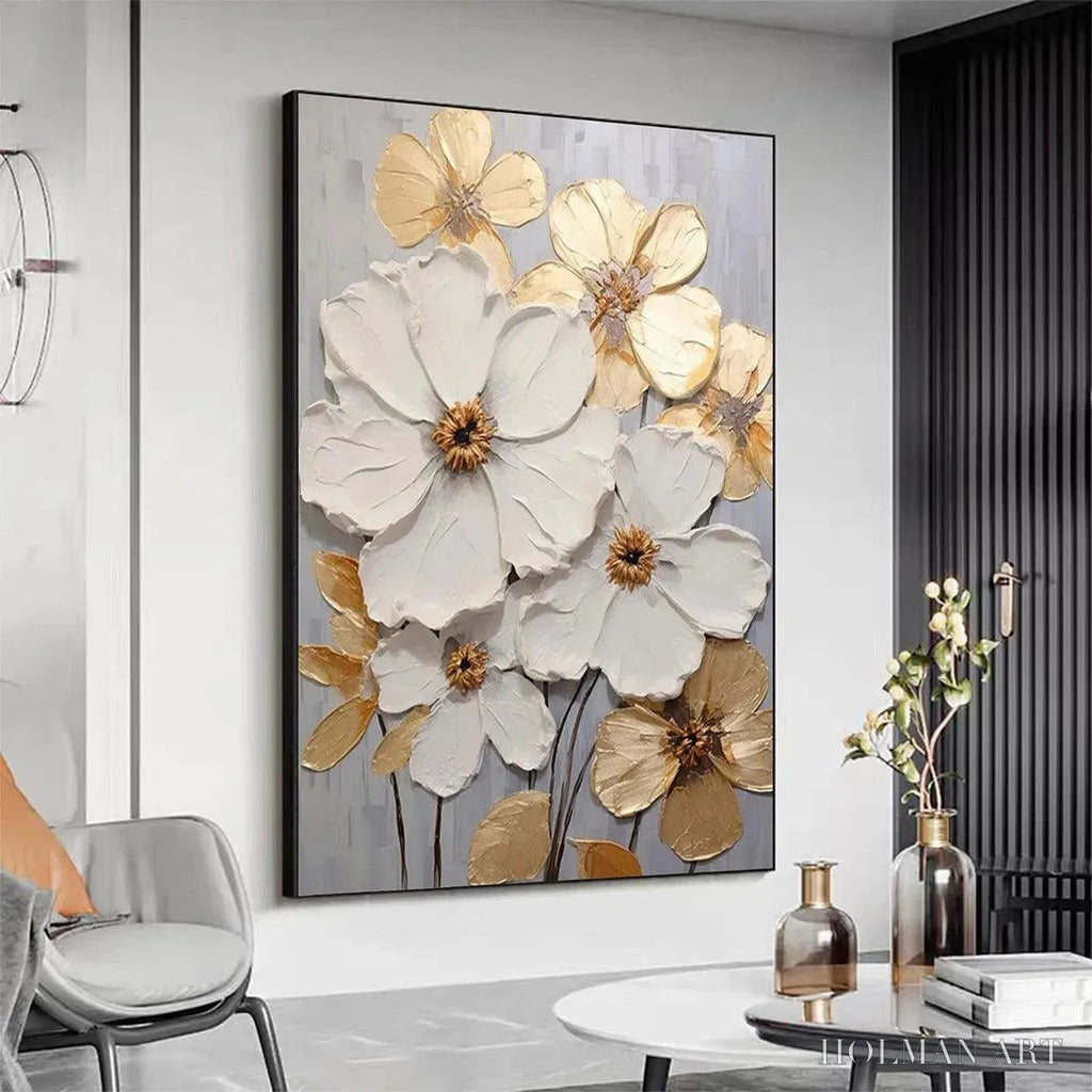 HOLMAN ART Golden Whispers – Textured Floral Painting, Gold and White , Vertical Canvas, Impasto Decor - image 4