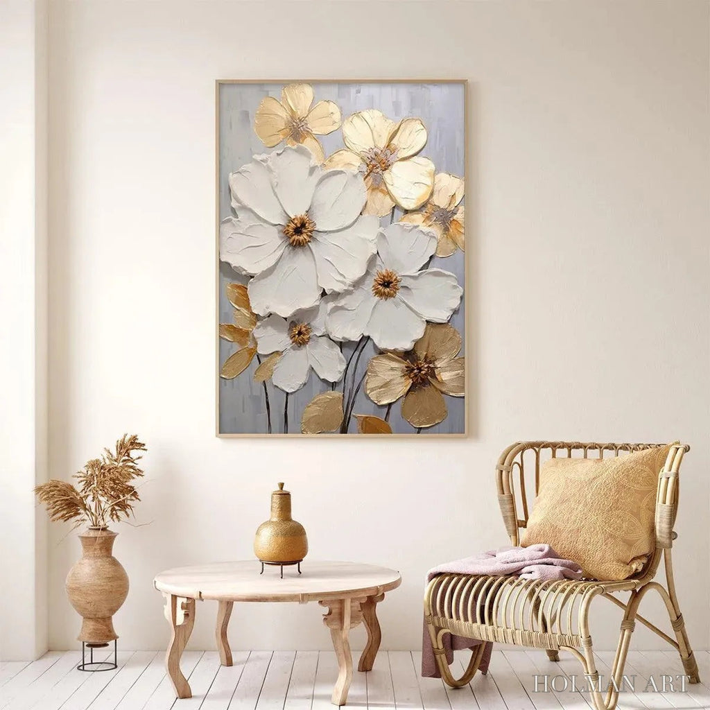 HOLMAN ART Golden Whispers – Textured Floral Painting, Gold and White , Vertical Canvas, Impasto Decor - image 5