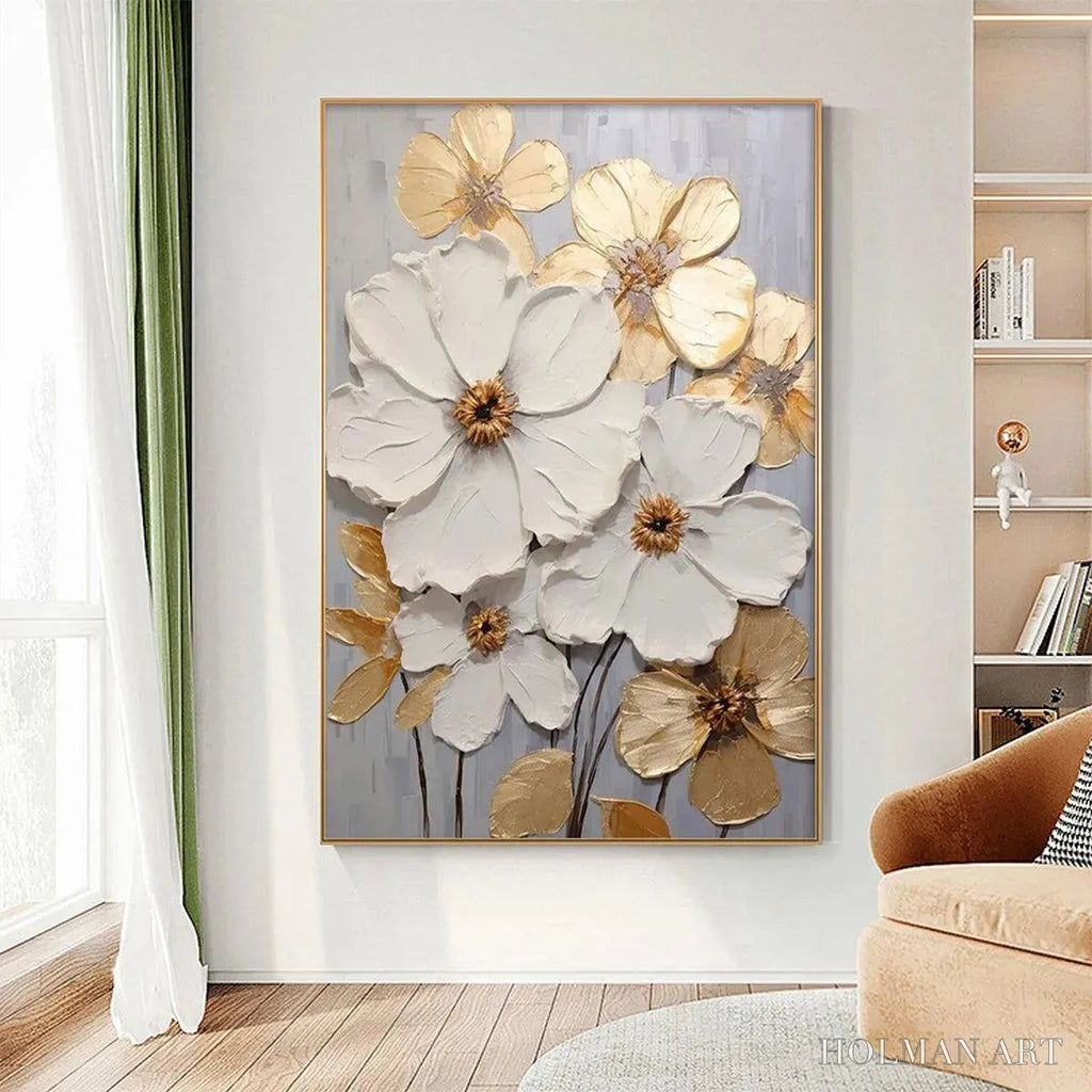 HOLMAN ART Golden Whispers – Textured Floral Painting, Gold and White , Vertical Canvas, Impasto Decor - image 6