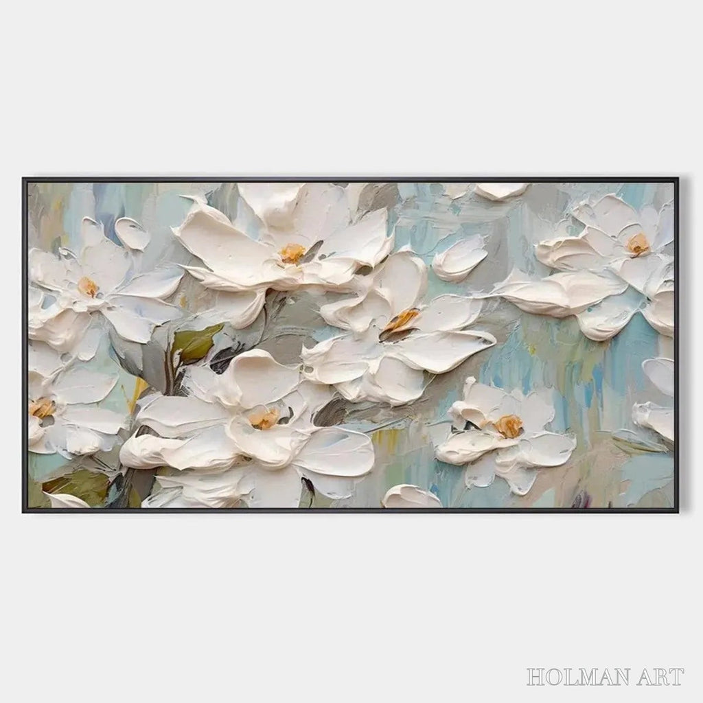 HOLMAN ART White Magnolia Blossoms – Textured Floral Painting, White Flower , Panoramic Canvas, Impressionist Decor - image 1