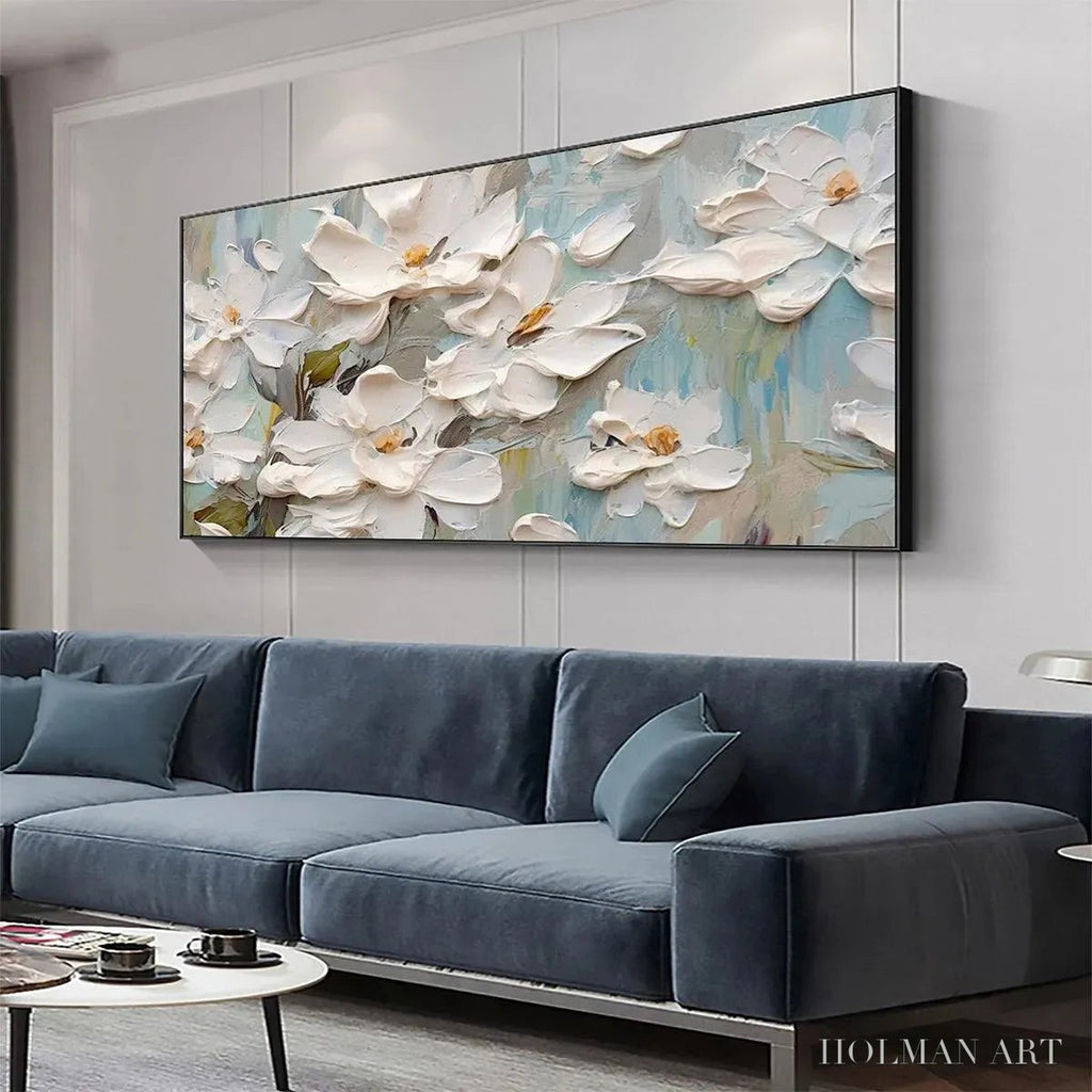 HOLMAN ART White Magnolia Blossoms – Textured Floral Painting, White Flower , Panoramic Canvas, Impressionist Decor - image 2