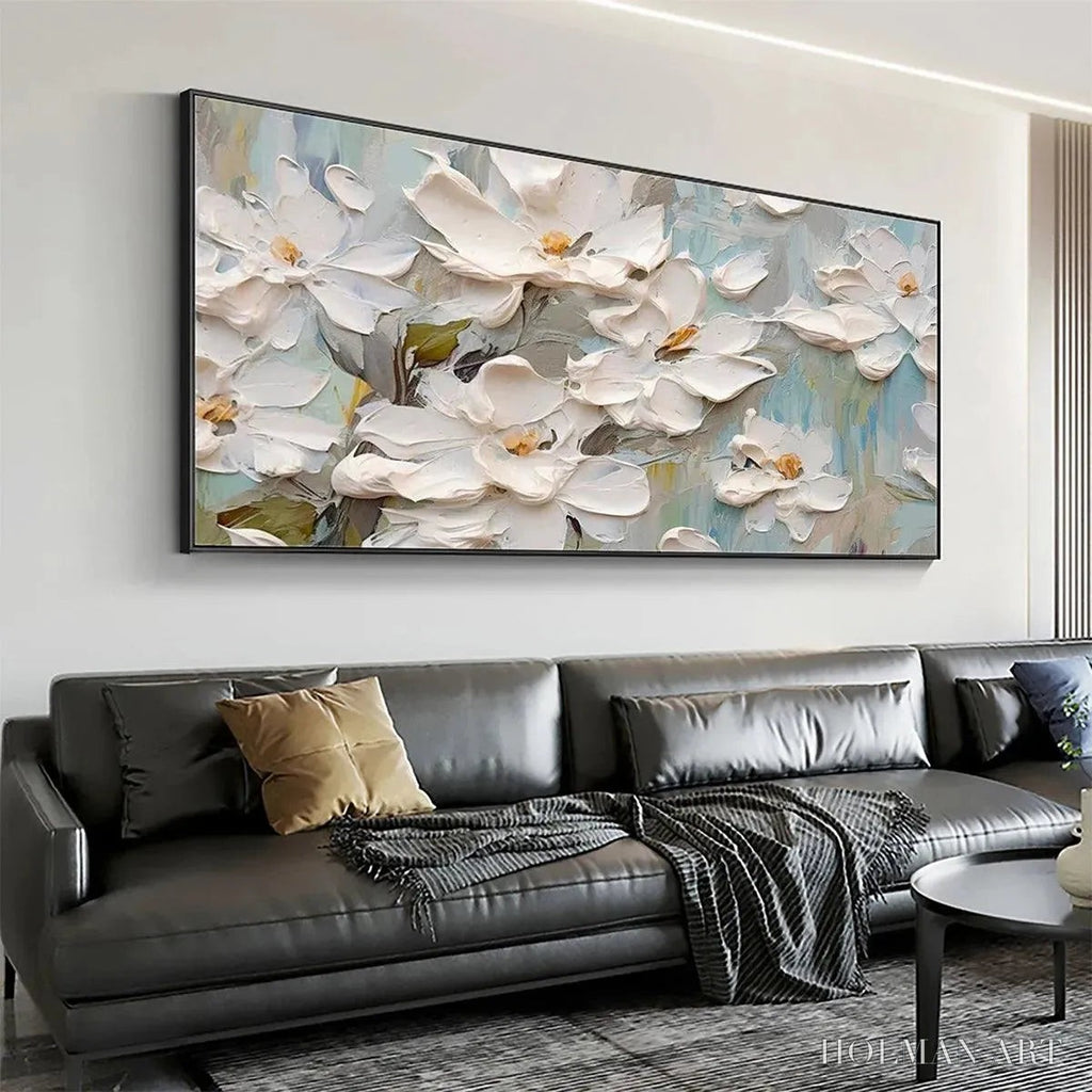 HOLMAN ART White Magnolia Blossoms – Textured Floral Painting, White Flower , Panoramic Canvas, Impressionist Decor - image 4