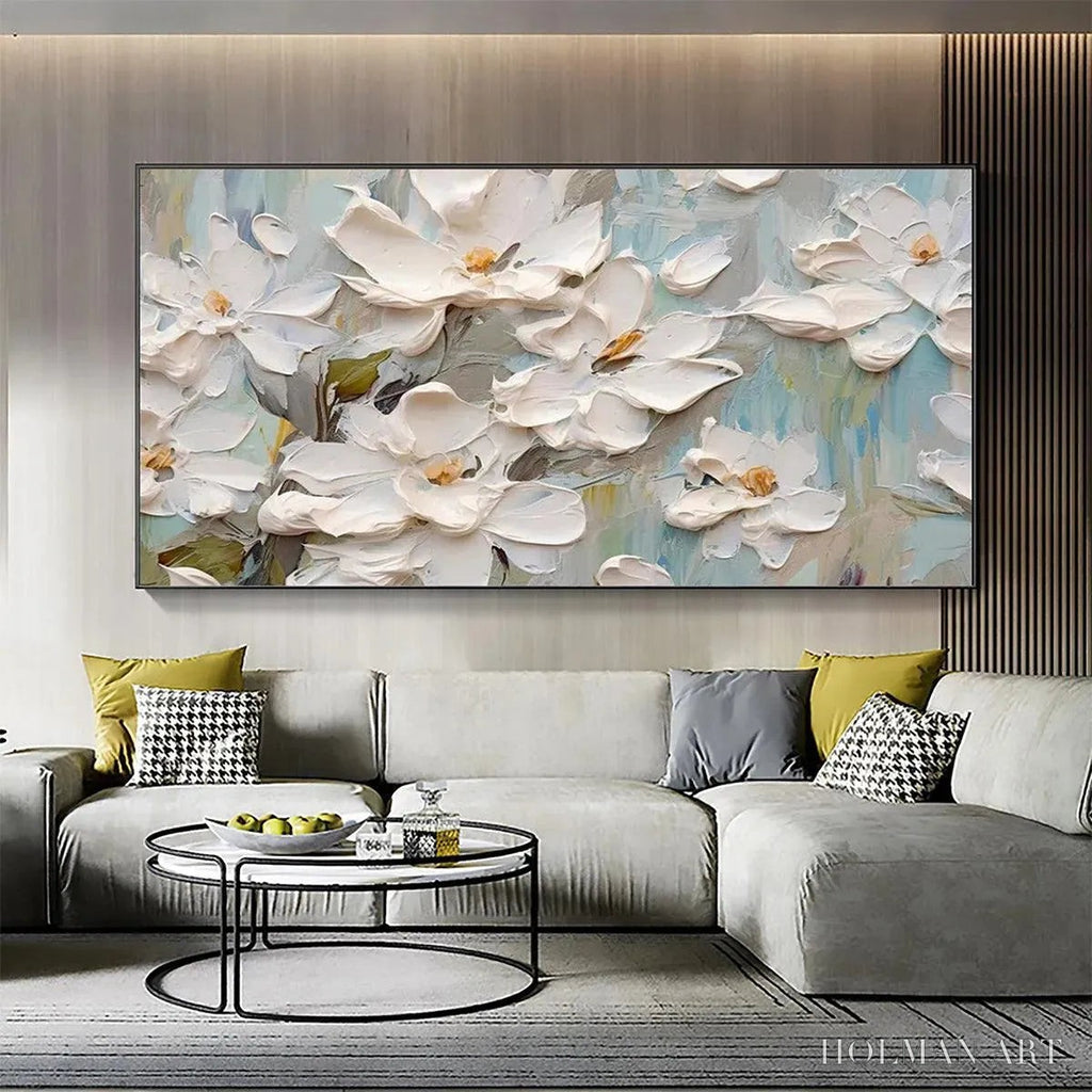 HOLMAN ART White Magnolia Blossoms – Textured Floral Painting, White Flower , Panoramic Canvas, Impressionist Decor - image 5