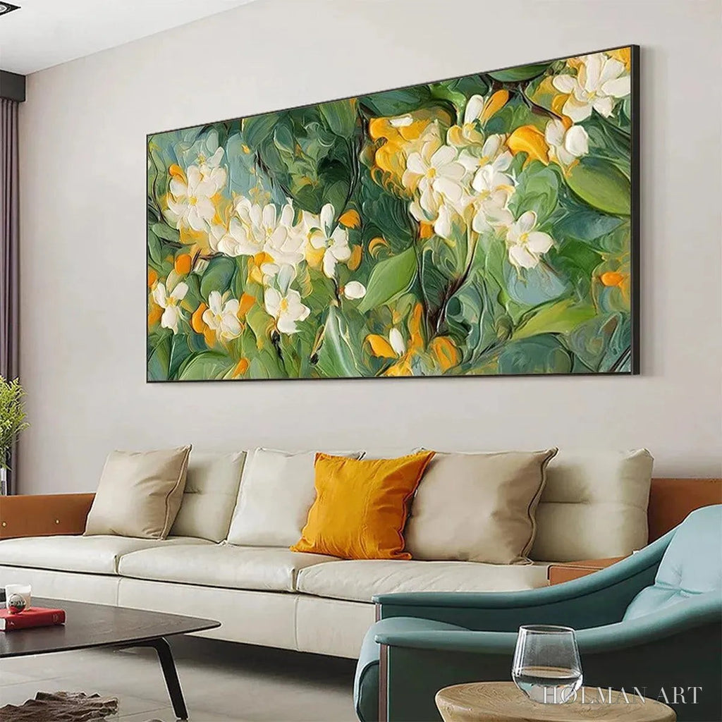 HOLMAN ART Orange Blossom – Textured Floral Painting, White Flowers , Panoramic Canvas, Impressionist Decor - image 4