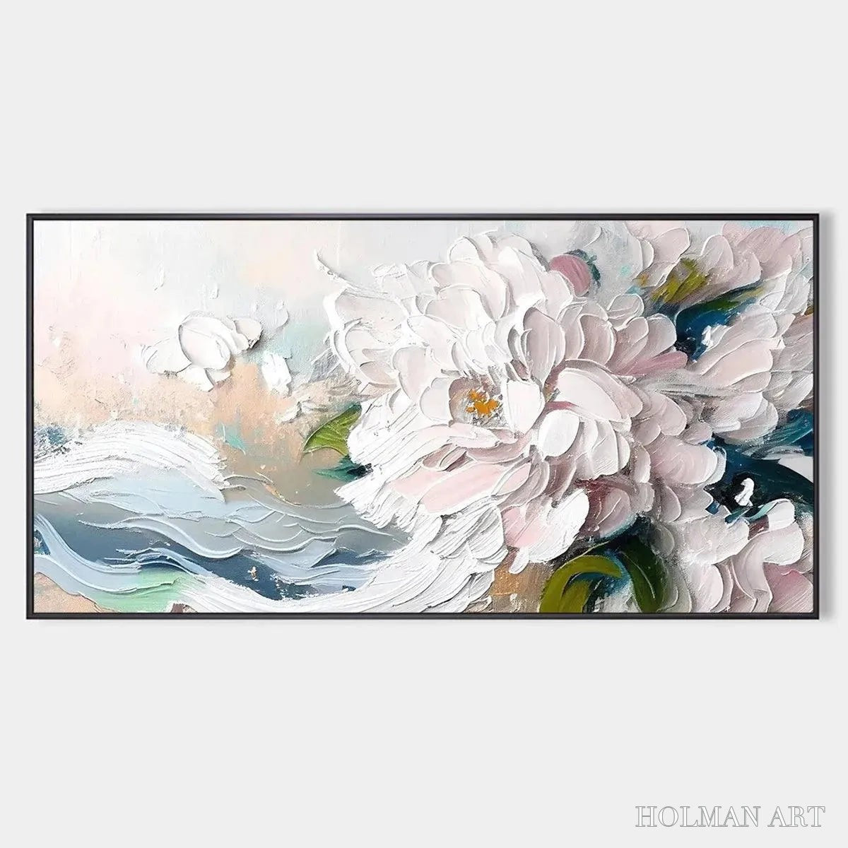 HOLMAN ART White Peony Dream – Textured Peony Painting, Impasto Floral , Panoramic Canvas, Romantic Decor - image 1