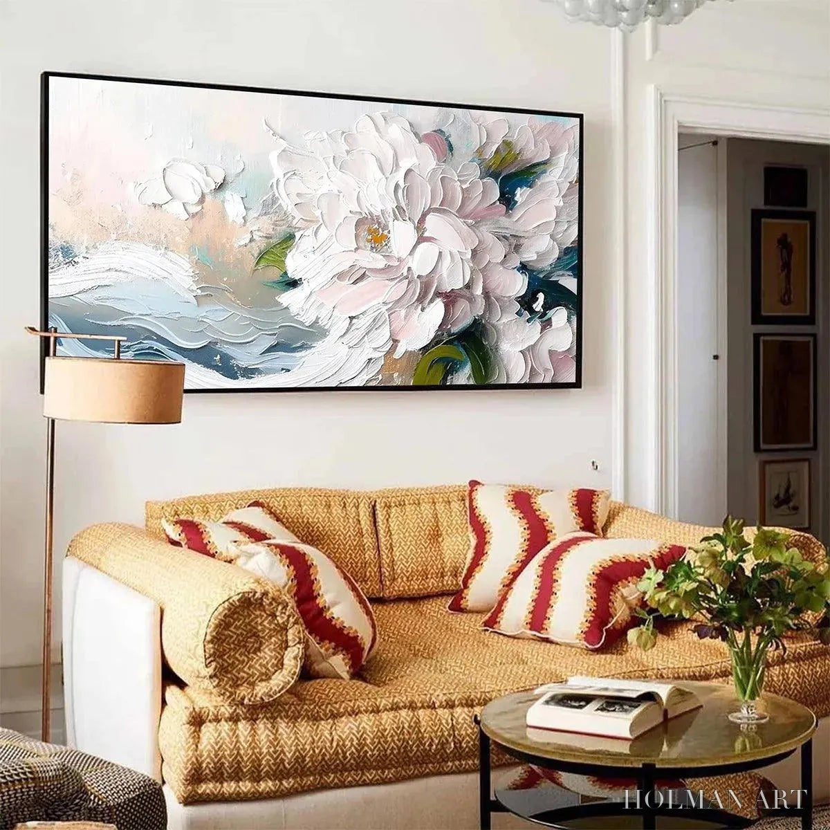 HOLMAN ART White Peony Dream – Textured Peony Painting, Impasto Floral , Panoramic Canvas, Romantic Decor - image 2