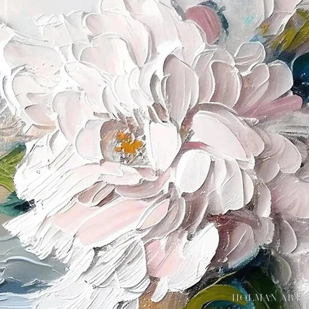 HOLMAN ART White Peony Dream – Textured Peony Painting, Impasto Floral , Panoramic Canvas, Romantic Decor - image 3