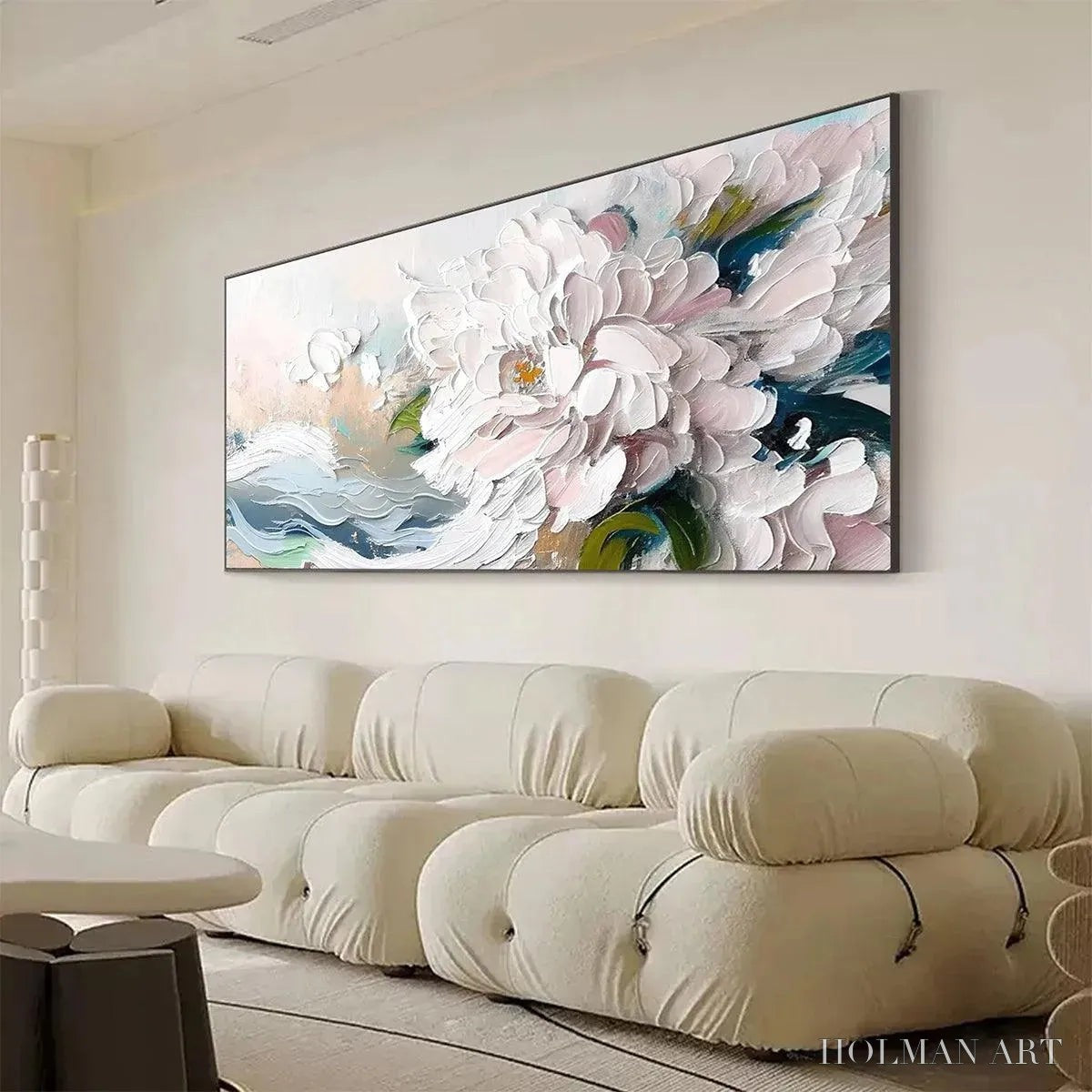 HOLMAN ART White Peony Dream – Textured Peony Painting, Impasto Floral , Panoramic Canvas, Romantic Decor - image 4