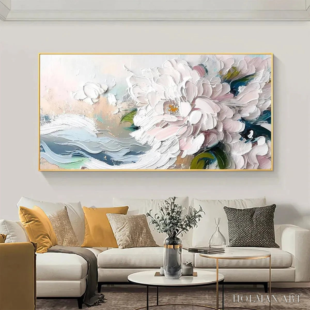 HOLMAN ART White Peony Dream – Textured Peony Painting, Impasto Floral , Panoramic Canvas, Romantic Decor - image 5