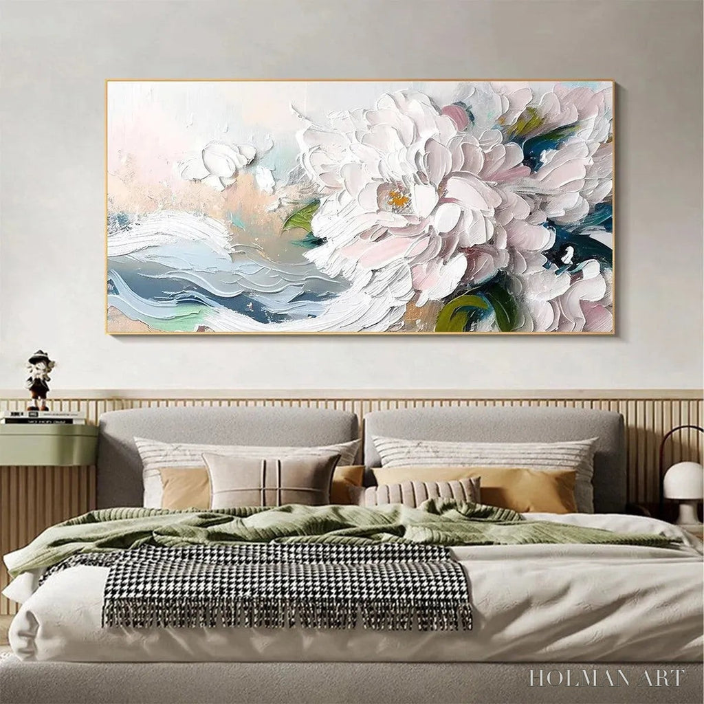 HOLMAN ART White Peony Dream – Textured Peony Painting, Impasto Floral , Panoramic Canvas, Romantic Decor - image 6
