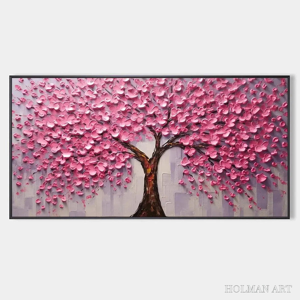 HOLMAN ART Pink Blossom Abundance – Textured Impasto Cherry Blossom Tree Painting, Horizontal - image 1