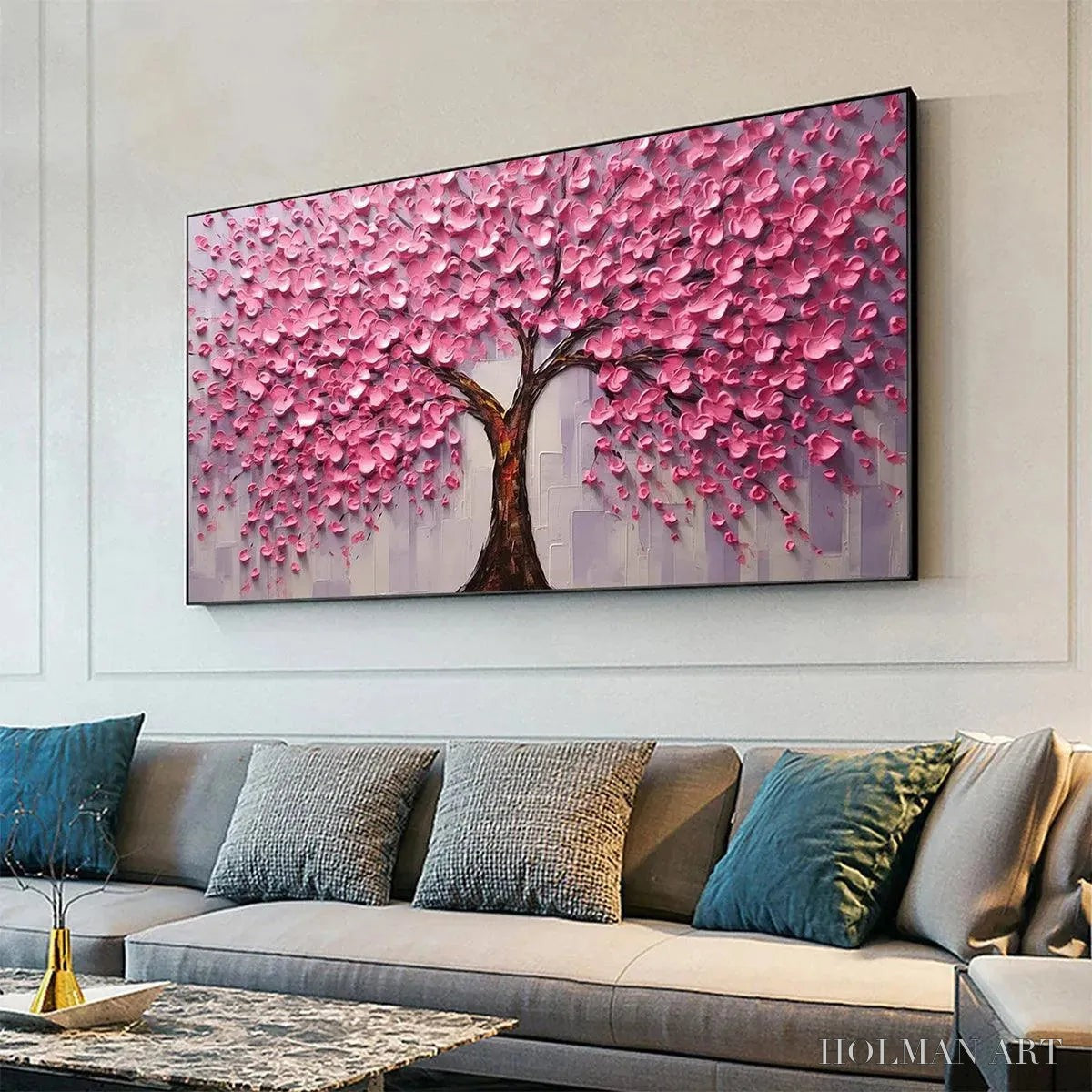 HOLMAN ART Pink Blossom Abundance – Textured Impasto Cherry Blossom Tree Painting, Horizontal - image 5
