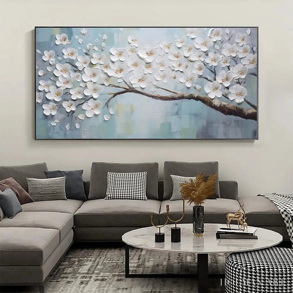 HOLMAN ART White Blossoms – Textured Floral Painting in White and Blue - image 2