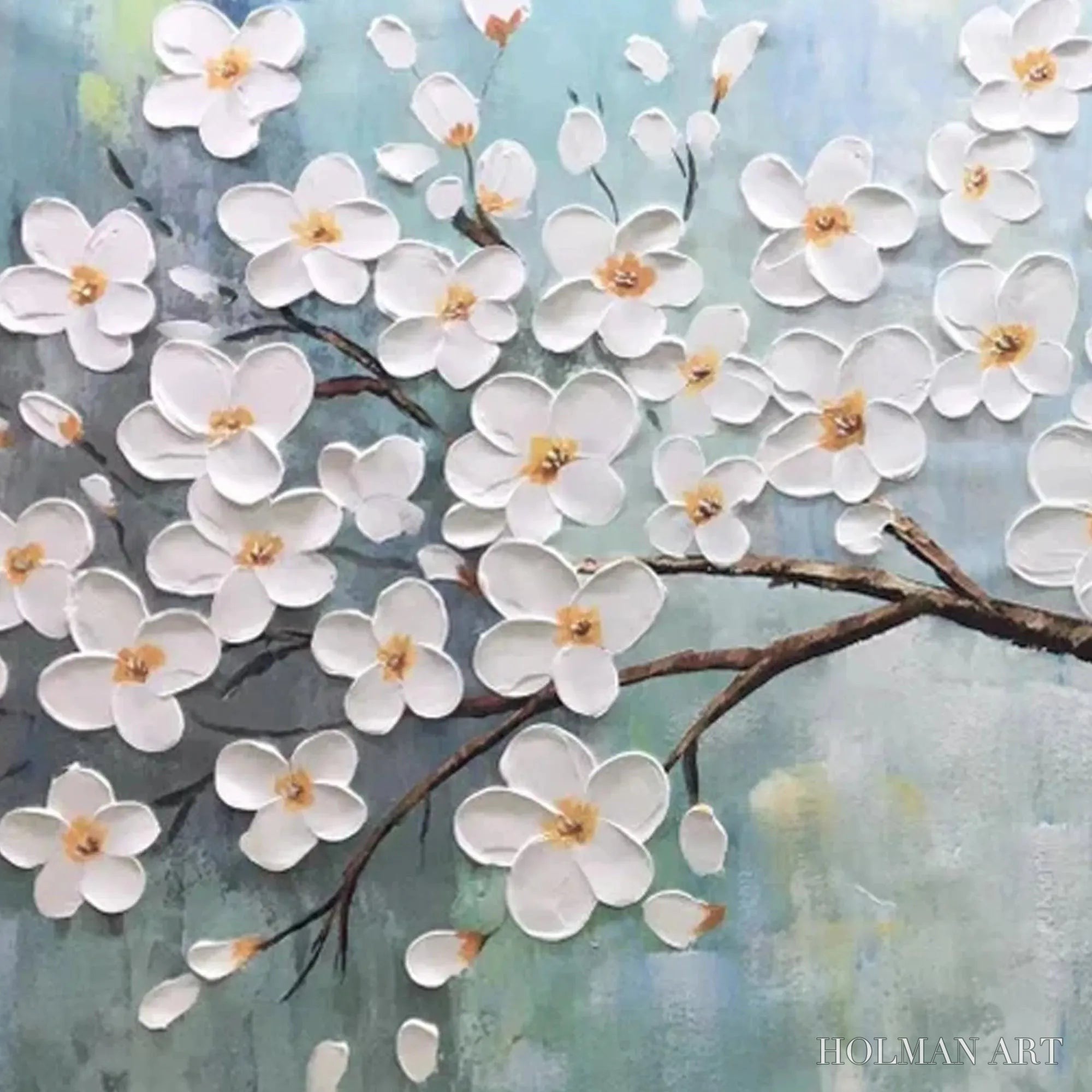HOLMAN ART White Blossoms – Textured Floral Painting in White and Blue - image 5
