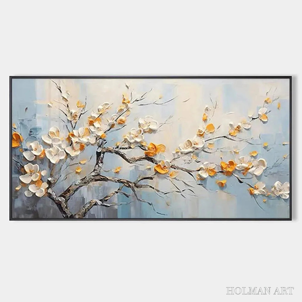 HOLMAN ART Spring Blossoms – Textured Floral Painting in White and Gold - image 1