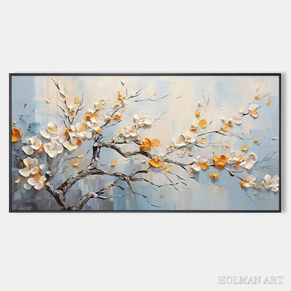 HOLMAN ART Spring Blossoms – Textured Floral Painting in White and Gold - image 1