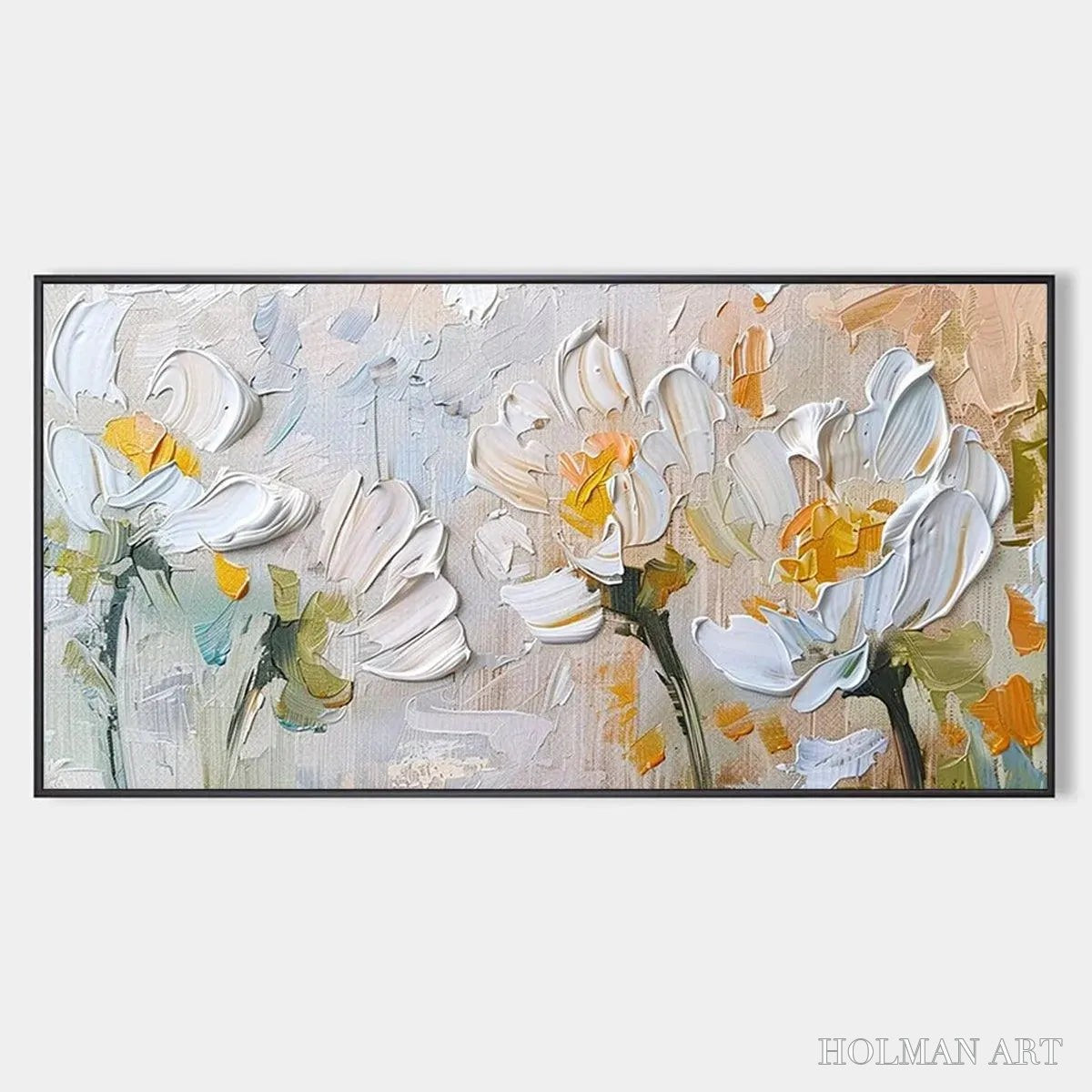 HOLMAN ART White Blossoms – Textured Impasto Floral Painting in White and Beige - image 1