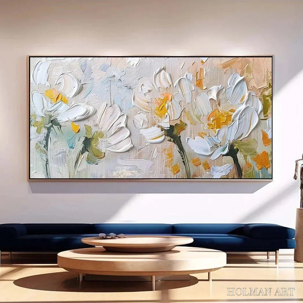 HOLMAN ART White Blossoms – Textured Impasto Floral Painting in White and Beige - image 2