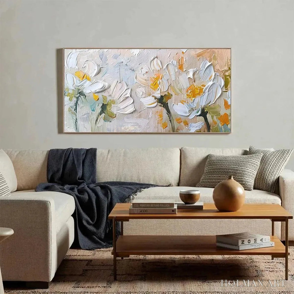 HOLMAN ART White Blossoms – Textured Impasto Floral Painting in White and Beige - image 4