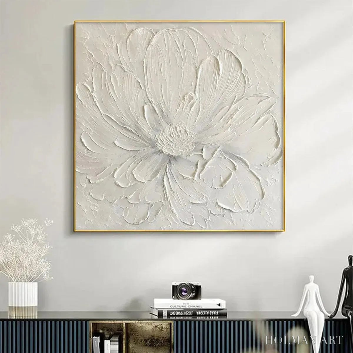 HOLMAN ART White Peony – Textured Minimalist Floral Painting in White - image 2