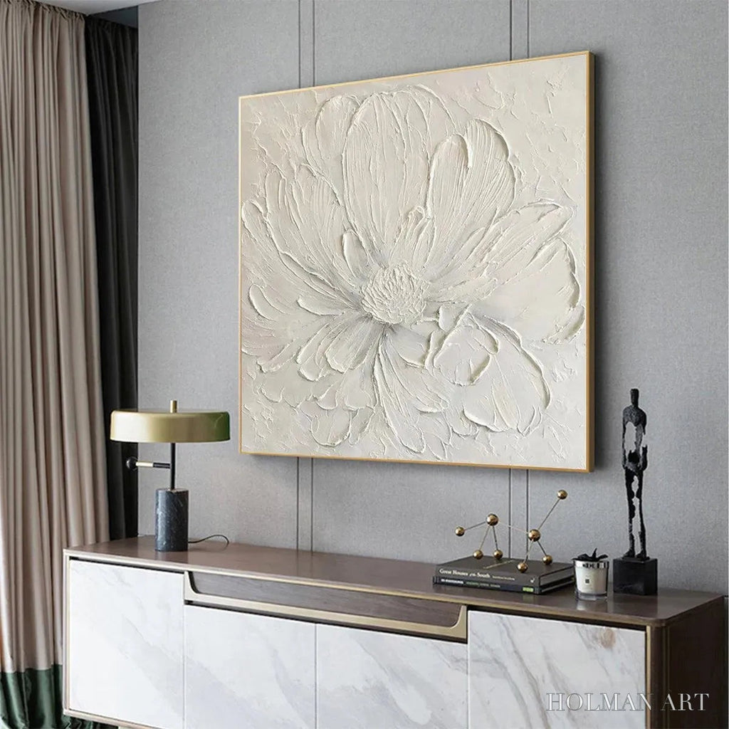 HOLMAN ART White Peony – Textured Minimalist Floral Painting in White - image 4