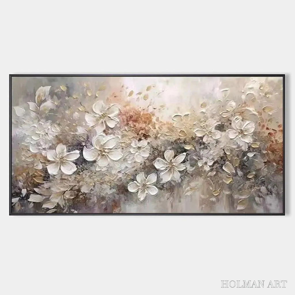 HOLMAN ART Whispering Blossoms – Textured Beige and White Floral Impasto Painting - image 1