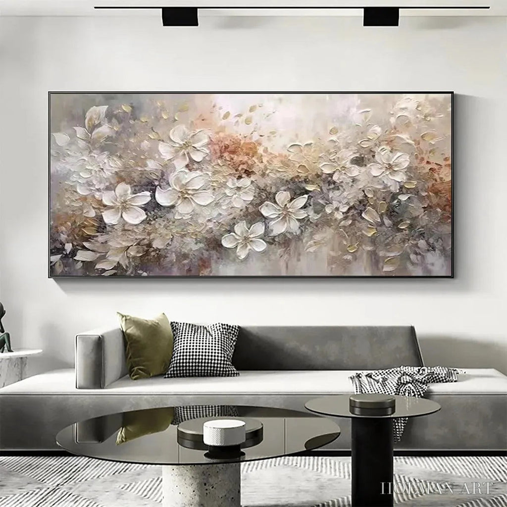 HOLMAN ART Whispering Blossoms – Textured Beige and White Floral Impasto Painting - image 2