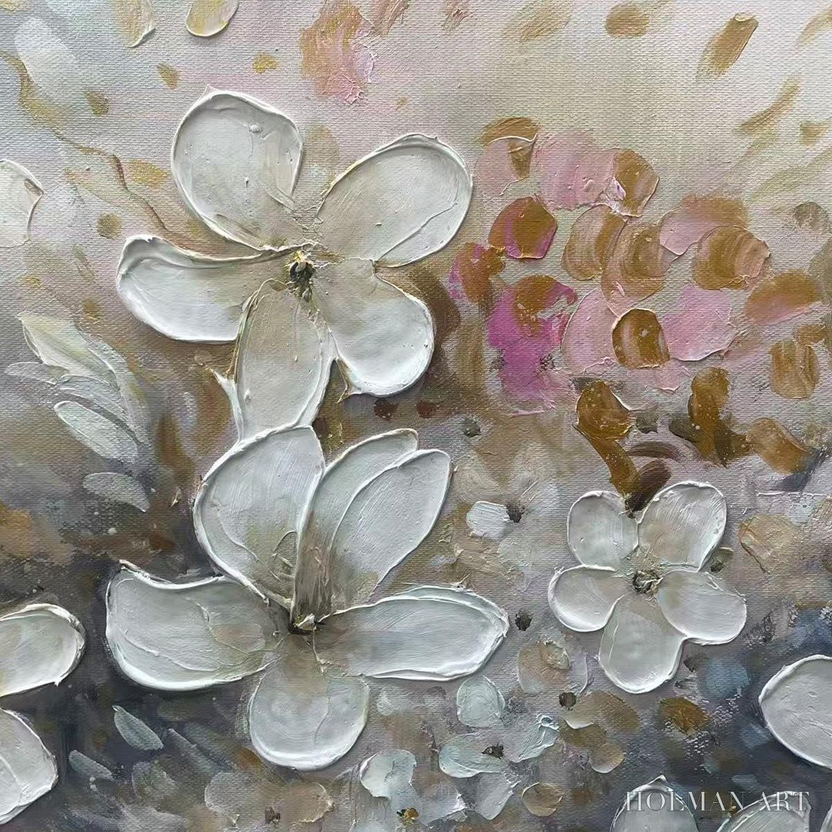 HOLMAN ART Whispering Blossoms – Textured Beige and White Floral Impasto Painting - image 3