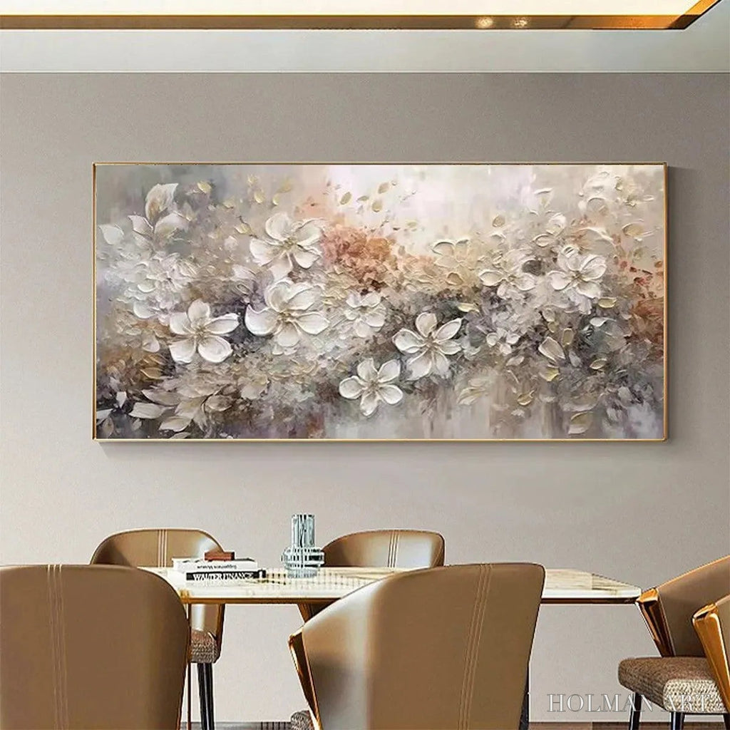 HOLMAN ART Whispering Blossoms – Textured Beige and White Floral Impasto Painting - image 4