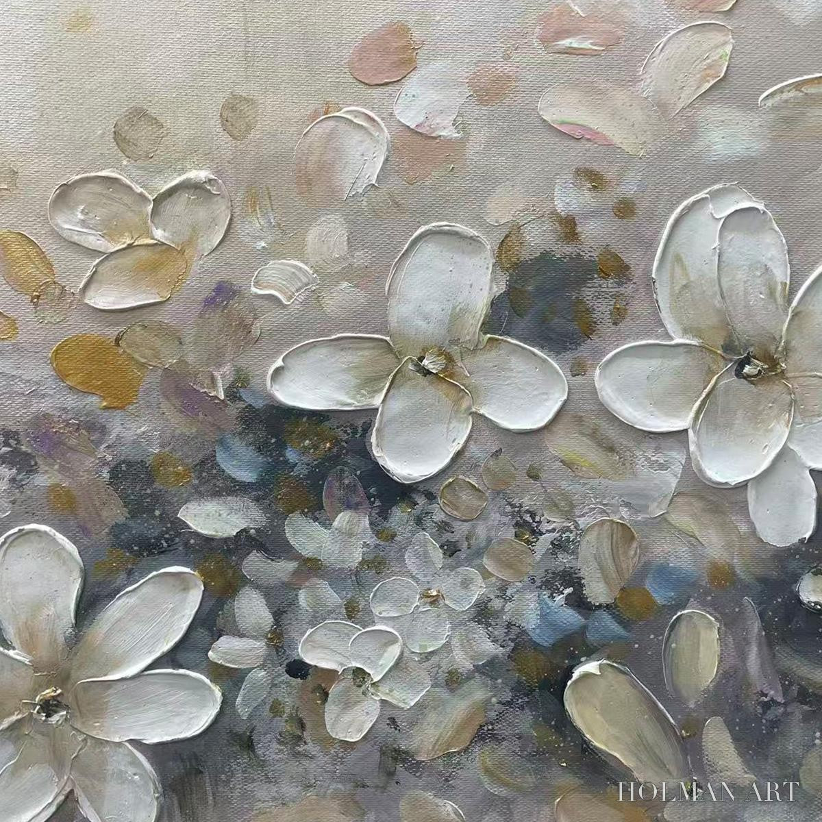 HOLMAN ART Whispering Blossoms – Textured Beige and White Floral Impasto Painting - image 5