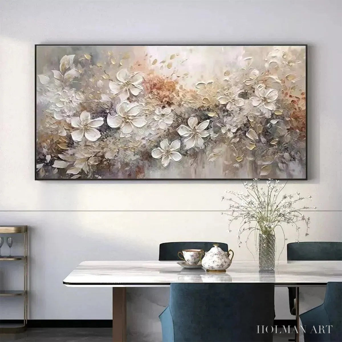 HOLMAN ART Whispering Blossoms – Textured Beige and White Floral Impasto Painting - image 6