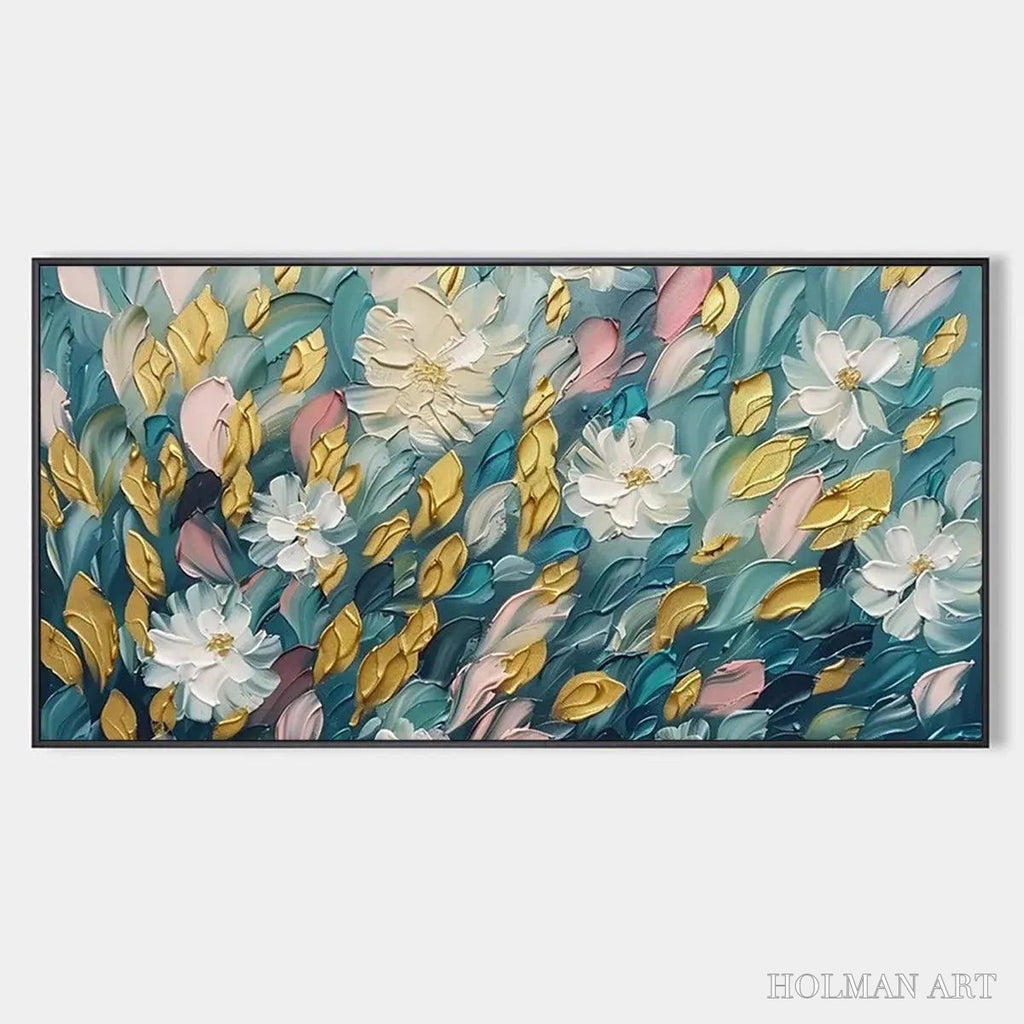 HOLMAN ART Golden Garden – Textured Floral Painting in Teal and Gold - image 1