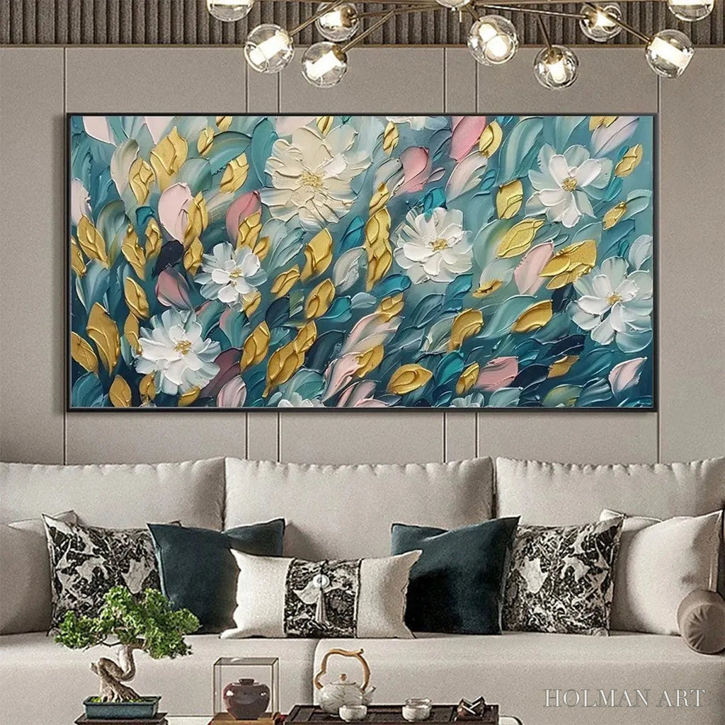 HOLMAN ART Golden Garden – Textured Floral Painting in Teal and Gold - image 2