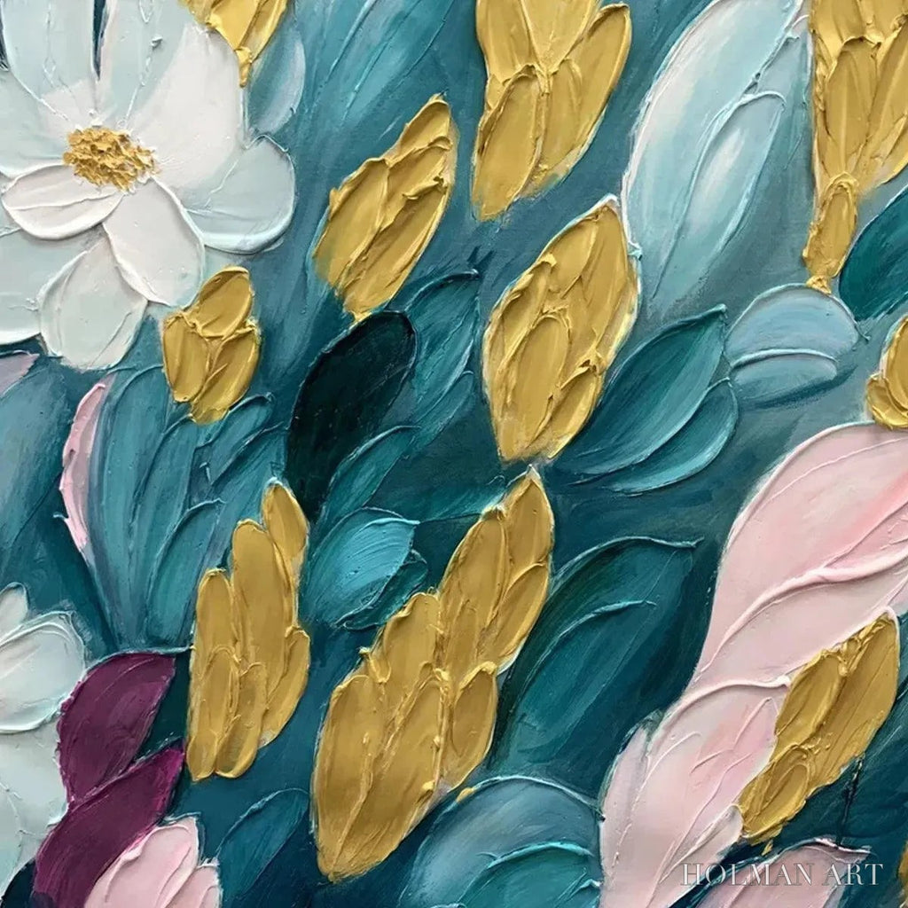 HOLMAN ART Golden Garden – Textured Floral Painting in Teal and Gold - image 3