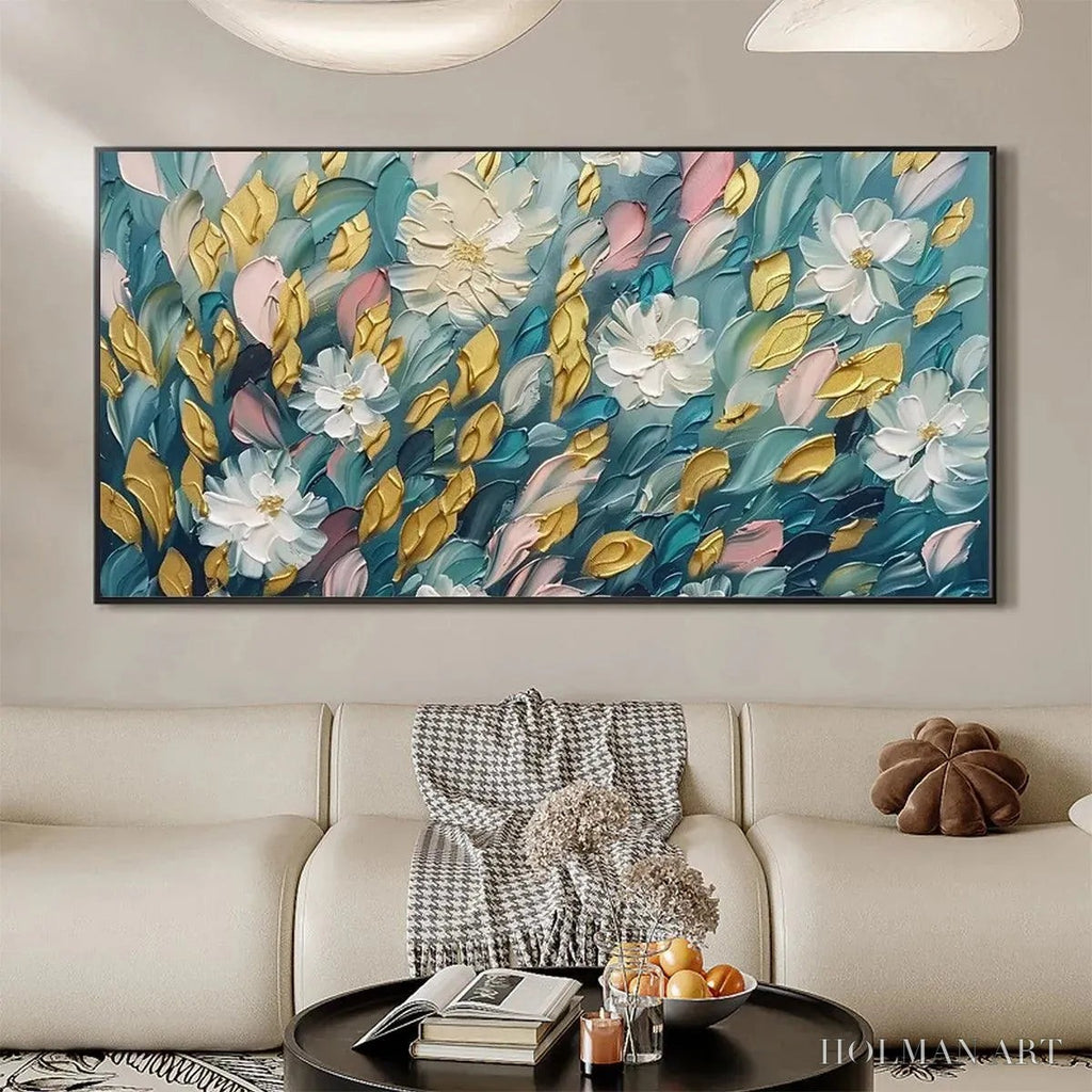 HOLMAN ART Golden Garden – Textured Floral Painting in Teal and Gold - image 4
