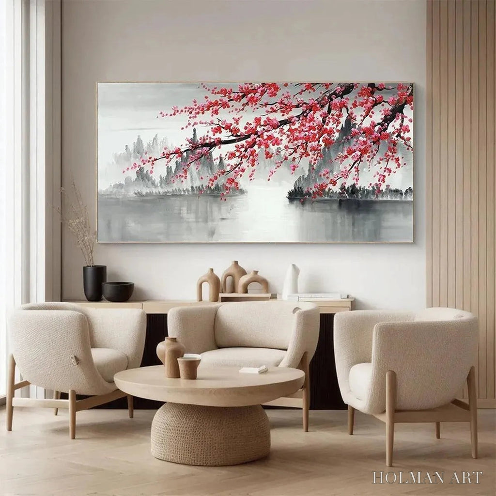 HOLMAN ART Cherry Blossom Serenity – Horizontal Cherry Blossom Landscape Painting - image 5
