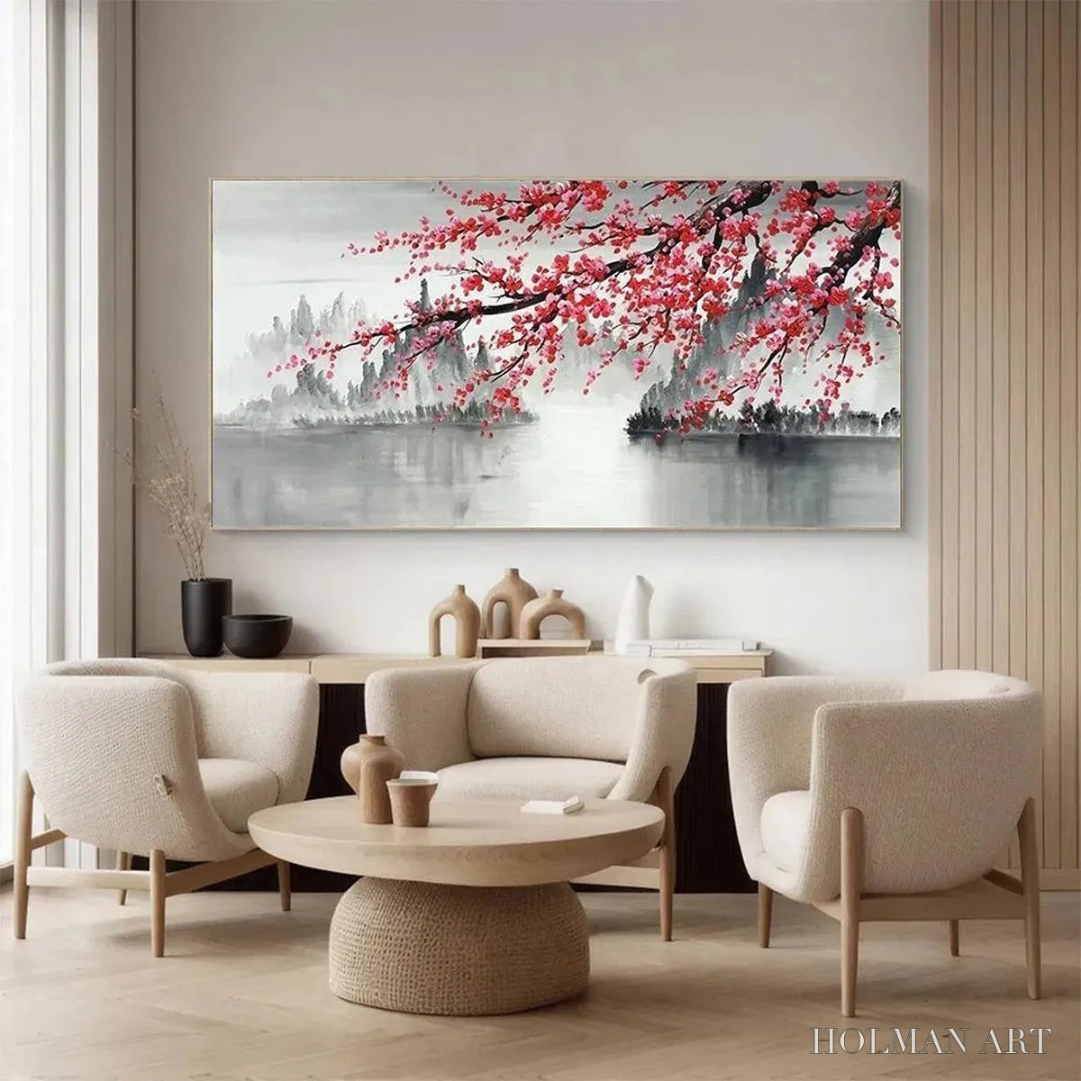 HOLMAN ART Cherry Blossom Serenity – Horizontal Cherry Blossom Landscape Painting - image 5