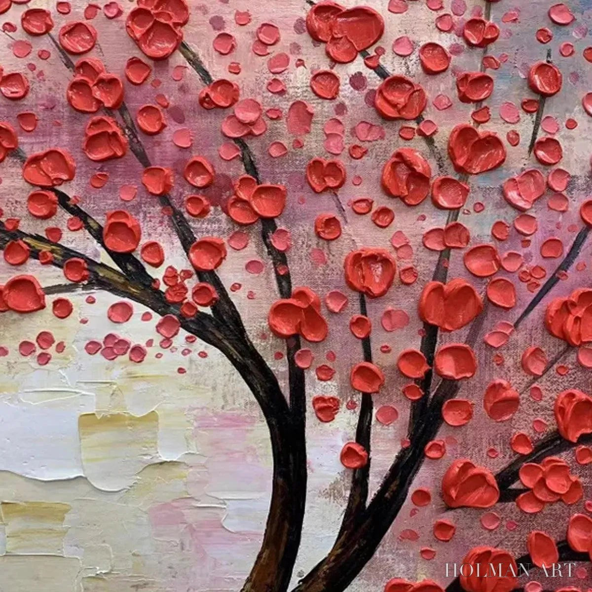 HOLMAN ART Heart Tree – Textured Impasto Red Tree Painting with Heart-Shaped Leaves - image 3