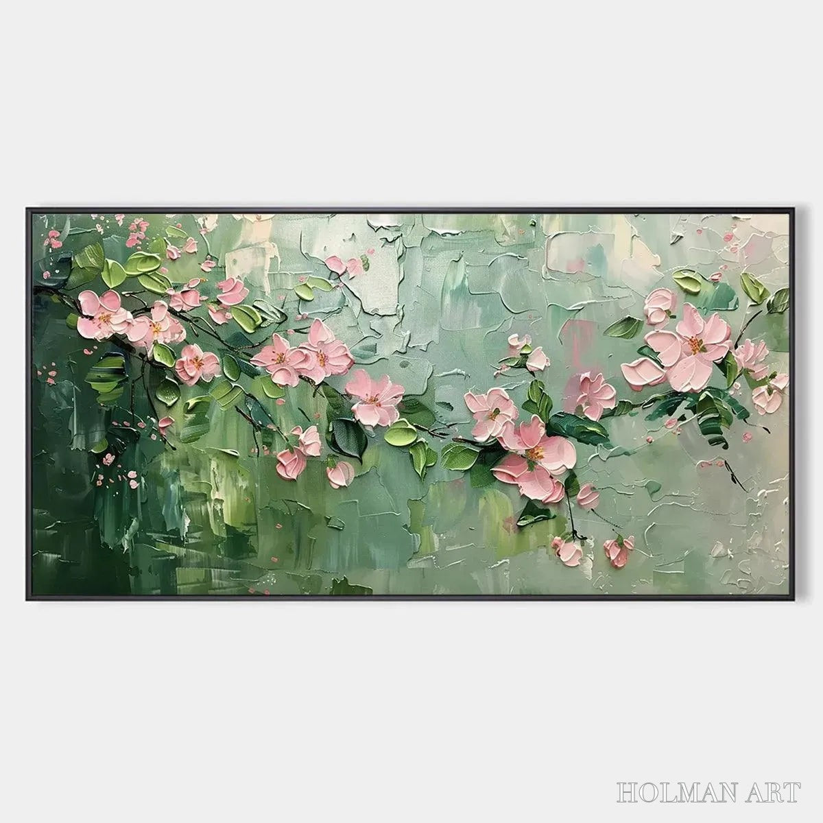 HOLMAN ART Spring Blossom – Textured Pink Floral Painting on Green Background - image 1