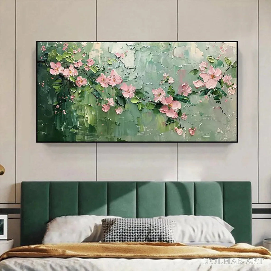 HOLMAN ART Spring Blossom – Textured Pink Floral Painting on Green Background - image 2