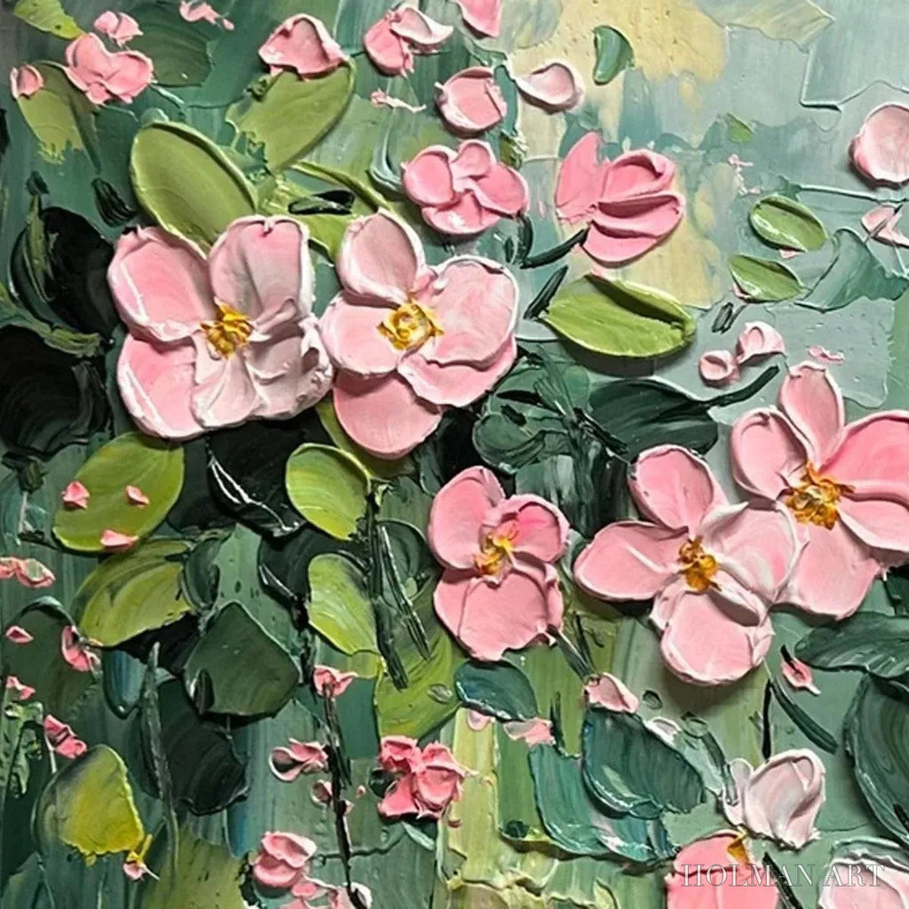 HOLMAN ART Spring Blossom – Textured Pink Floral Painting on Green Background - image 3