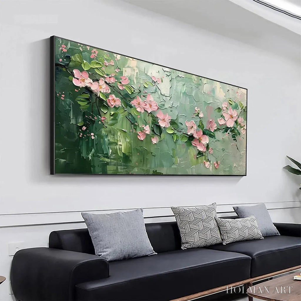 HOLMAN ART Spring Blossom – Textured Pink Floral Painting on Green Background - image 4