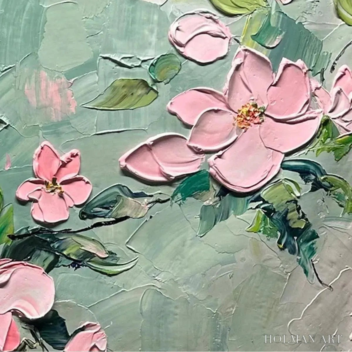 HOLMAN ART Spring Blossom – Textured Pink Floral Painting on Green Background - image 5