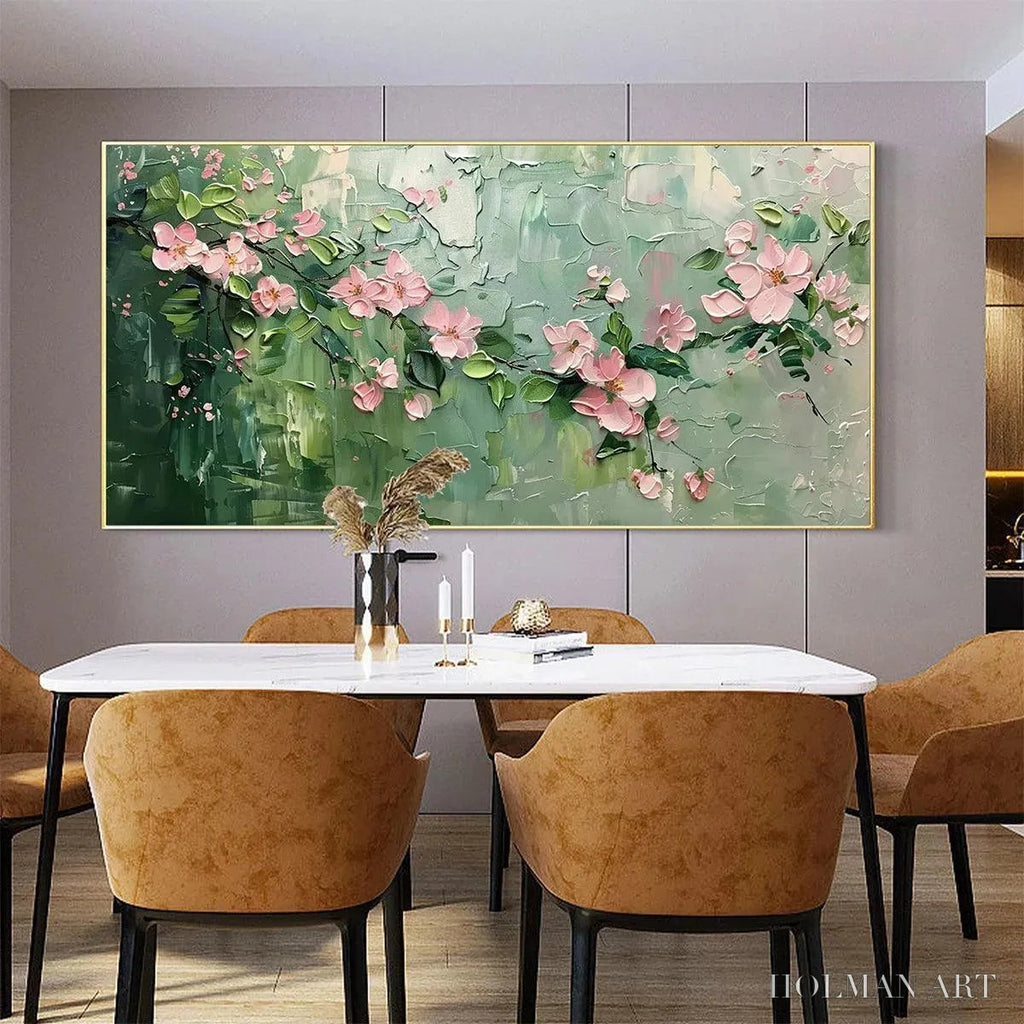 HOLMAN ART Spring Blossom – Textured Pink Floral Painting on Green Background - image 6