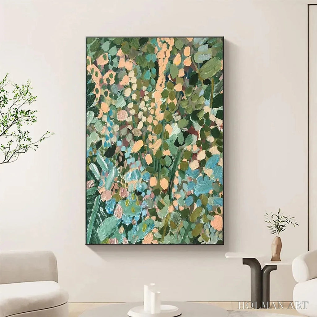 HOLMAN ART Enchanted Garden – Vertical Abstract Floral Painting in Green, Blue, and Peach - image 2