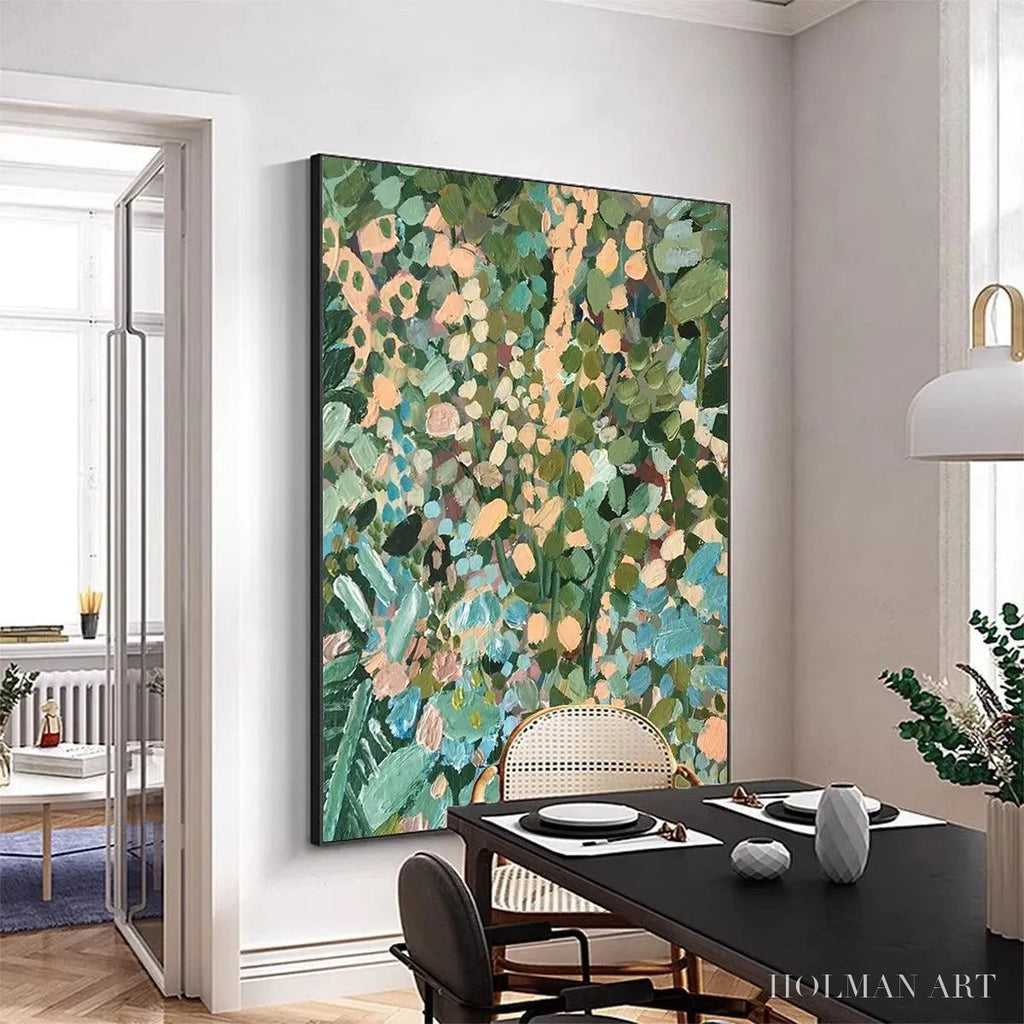 HOLMAN ART Enchanted Garden – Vertical Abstract Floral Painting in Green, Blue, and Peach - image 4